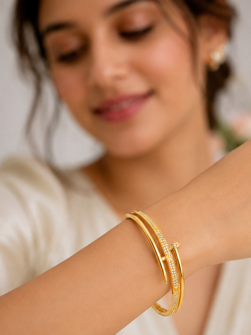 City Girl Jewellery 24CT Gold Plated Nail Bracelet for Women | AAA Cubic Zirconia Studded Openable Cuff Bangle | Anti Tarnish Lightweight Daily Wear Fashion Bracelet for Girls & Women | Gift for Wife, Sister & Girlfriend