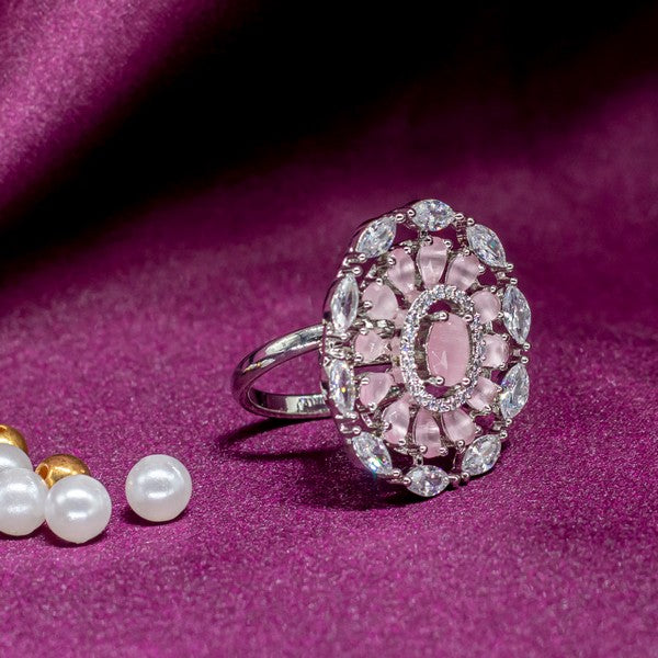 City Girl Brass Pink Cz stone Studded Rhodium Plated Cocktail Pink Floral Pattern Finge Ring. (Free Size)