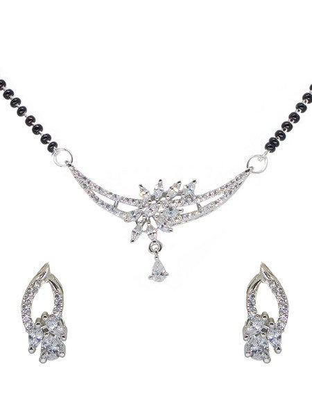 Manikya American Diamond Rhodium Mangalsutra Set with Earrings & Chain for Women & Girls.