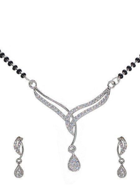 Manikya American Diamond Rhodium Mangalsutra Set with Earrings & Chain for Women & Girls.