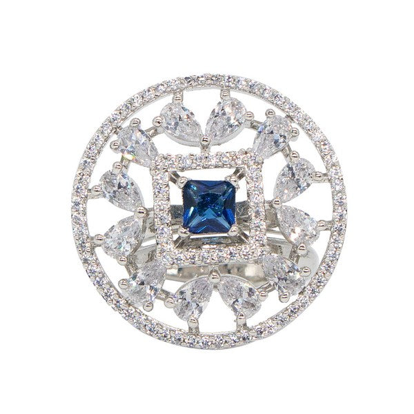 Manikya Brass Blue Cz stone Studded Rhodium Plated Cocktail Finge Ring. (Free Size)