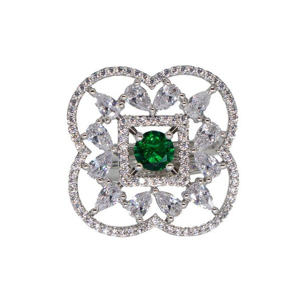 City Girl Brass Green Cz stone Studded Rhodium Plated Cocktail Finge Ring. (Free Size)