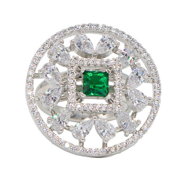 Manikya Brass Green Cz stone Studded Rhodium Plated Cocktail Finge Ring. (Free Size)