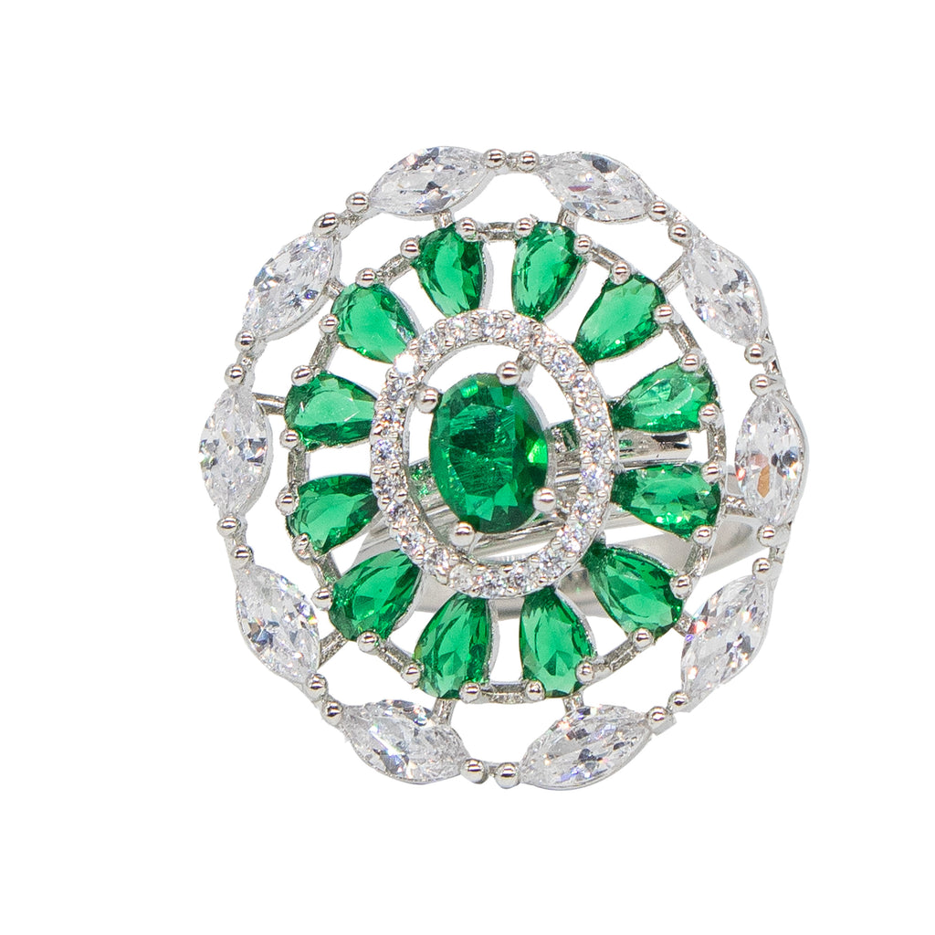 City Girl Brass Green Cz stone Studded Rhodium Plated Cocktail Finge Green Round Ring. (Free Size)