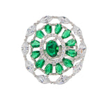 City Girl Brass Green Cz stone Studded Rhodium Plated Cocktail Finge Green Round Ring. (Free Size)