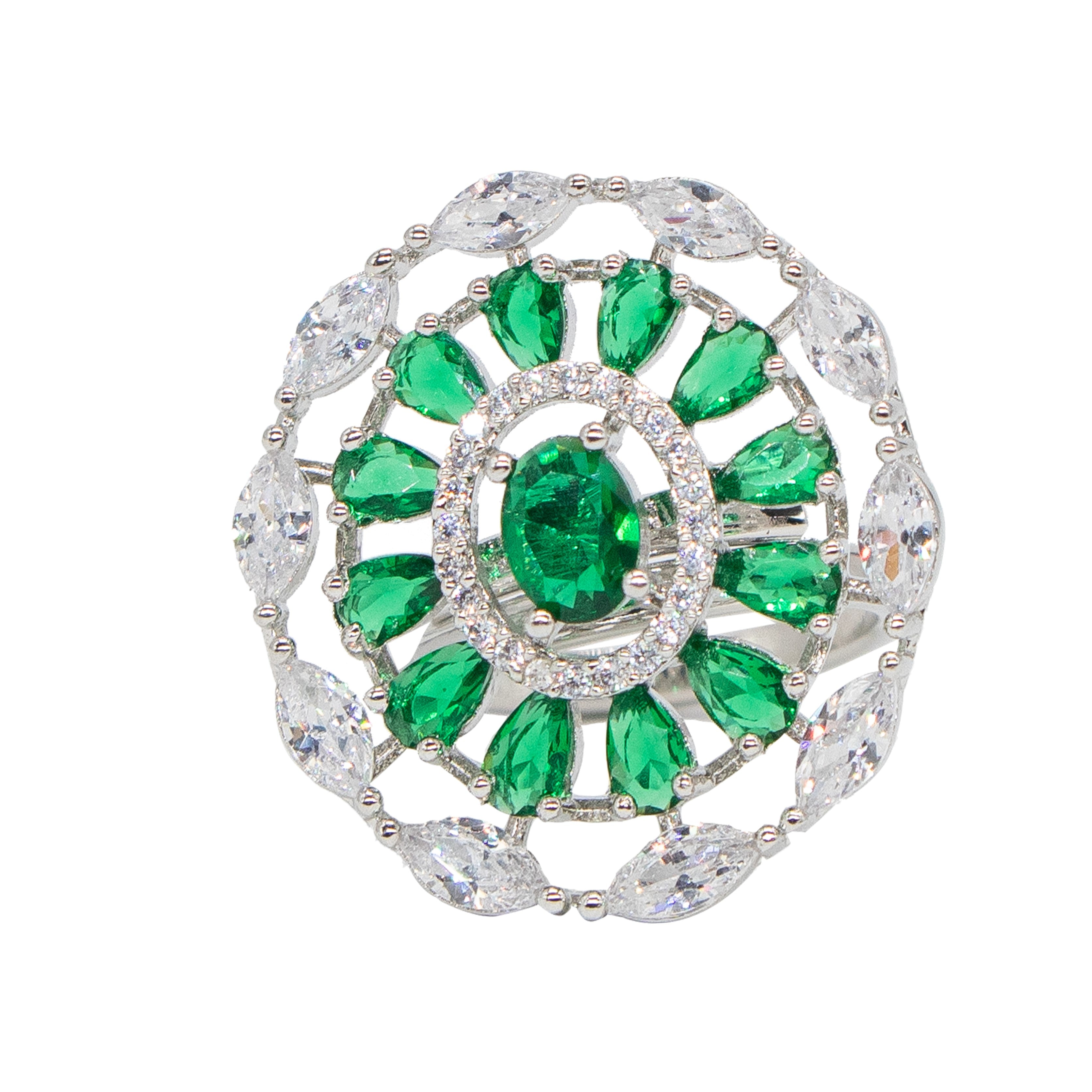 City Girl Brass Green Cz stone Studded Rhodium Plated Cocktail Finge Green Round Ring. (Free Size)