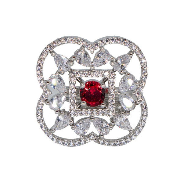 Manikya Brass Red Cz stone Studded Rhodium Plated Cocktail Finge Ring. (Free Size)