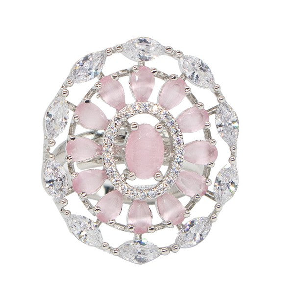 City Girl Brass Pink Cz stone Studded Rhodium Plated Cocktail Pink Floral Pattern Finge Ring. (Free Size)