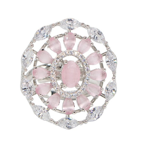 Manikya Brass Pink Cz stone Studded Rhodium Plated Cocktail Finge Ring. (Free Size)