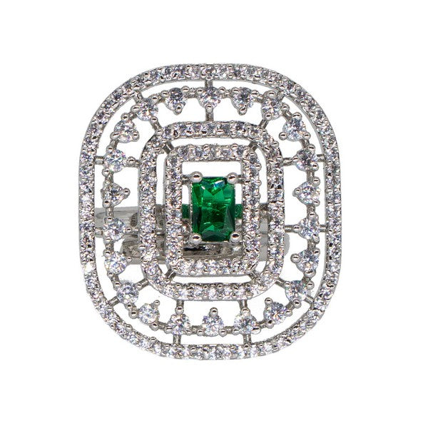 City Girl Brass Green Cz stone Studded Rhodium Plated Cocktail Finge Ring. (Free Size)