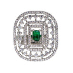 City Girl Brass Green Cz stone Studded Rhodium Plated Cocktail Finge Ring. (Free Size)