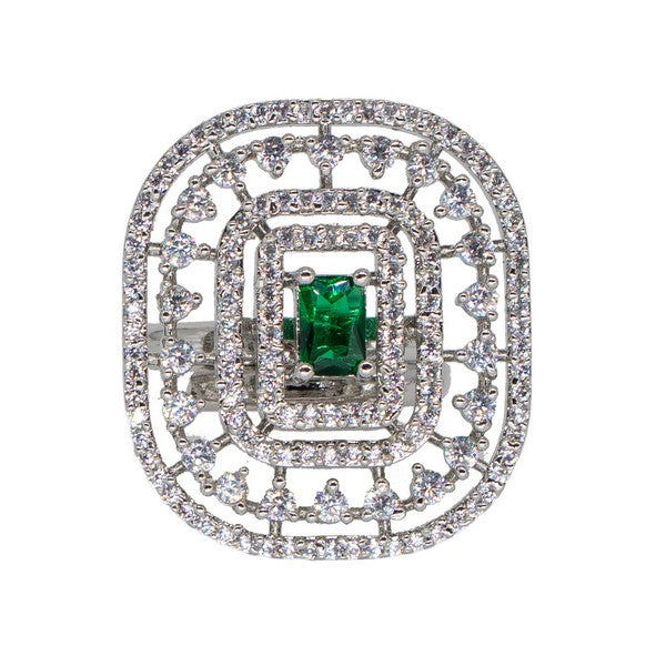 Manikya Brass Green Cz stone Studded Rhodium Plated Cocktail Finge Ring. (Free Size)