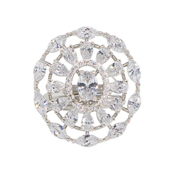 City Girl Brass Cz stone Studded Rhodium Plated Cocktail Silver Oval Finge Ring. (Free Size)