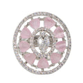 City Girl Brass Pink Cz stone Studded Rhodium Plated Cocktail Pink Floral Finge Ring. (Free Size)