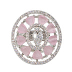 City Girl Brass Pink Cz stone Studded Rhodium Plated Cocktail Pink Floral Finge Ring. (Free Size)