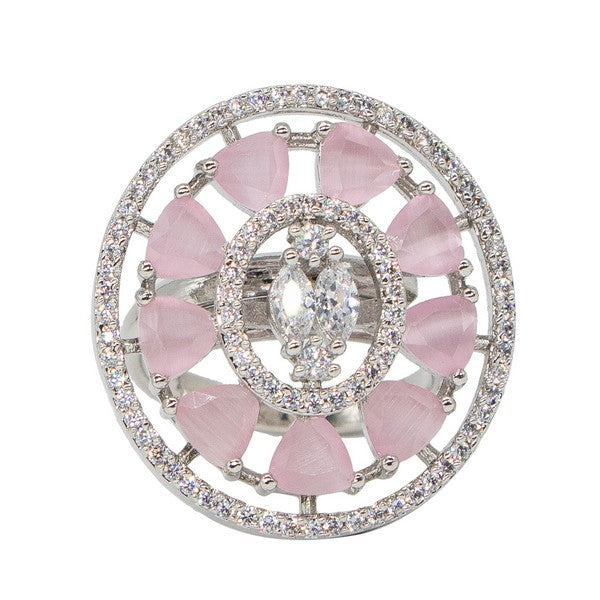 City Girl Brass Pink Cz stone Studded Rhodium Plated Cocktail Pink Floral Finge Ring. (Free Size)