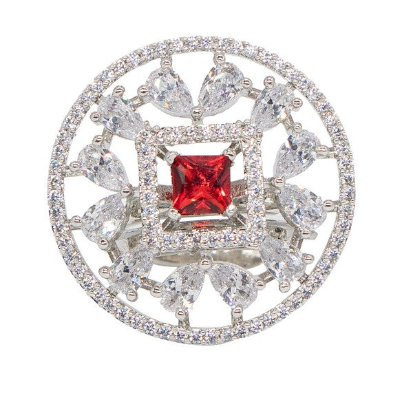 Manikya Brass Red Cz stone Studded Rhodium Plated Cocktail Finge Ring. (Free Size)