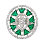 City Girl Brass Green Cz stone Studded Rhodium Plated Cocktail Finge Green Ova Ring. (Free Size)