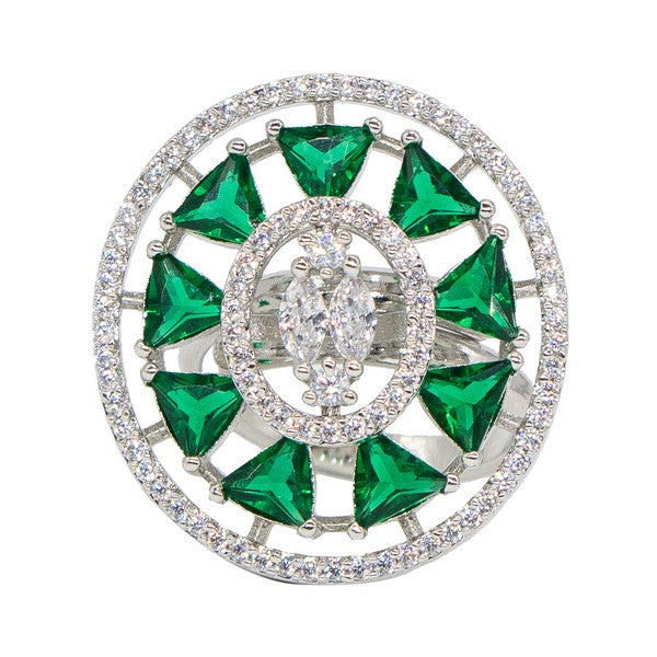 City Girl Brass Green Cz stone Studded Rhodium Plated Cocktail Finge Green Ova Ring. (Free Size)