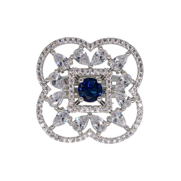 Manikya Brass Blue Cz stone Studded Rhodium Plated Cocktail Finge Ring. (Free Size)