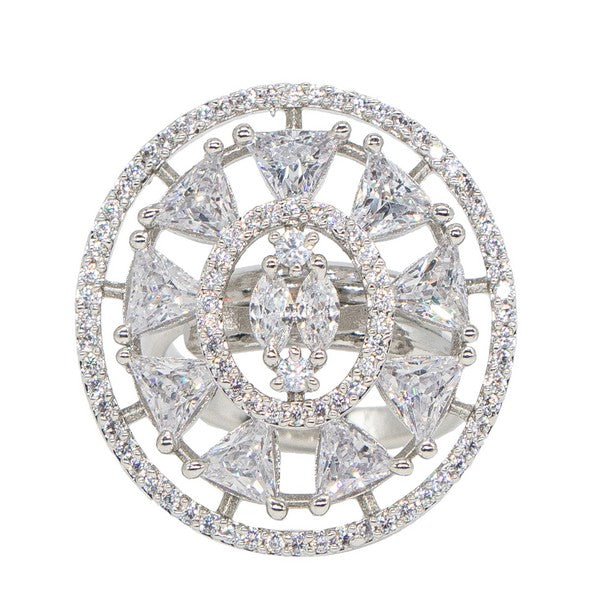 City Girl Brass Cz stone Studded Rhodium Plated Cocktail Silver Square Finge Ring. (Free Size)