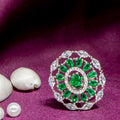 City Girl Brass Green Cz stone Studded Rhodium Plated Cocktail Finge Green Round Ring. (Free Size)