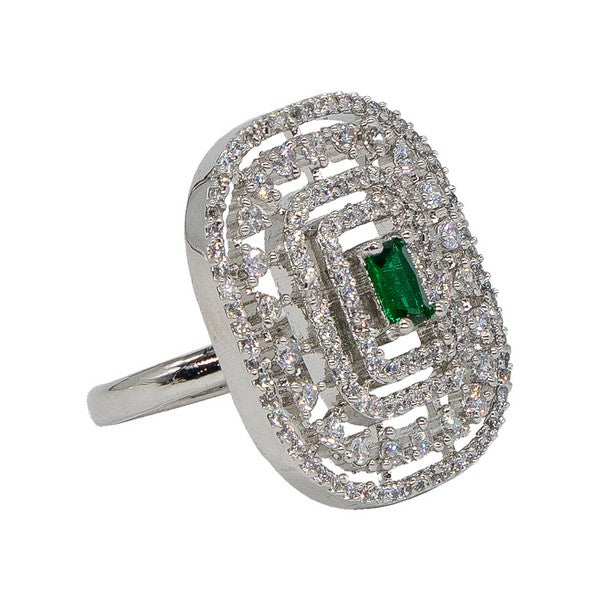 City Girl Brass Green Cz stone Studded Rhodium Plated Cocktail Finge Ring. (Free Size)
