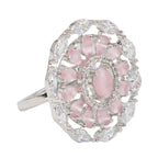 City Girl Brass Pink Cz stone Studded Rhodium Plated Cocktail Pink Floral Pattern Finge Ring. (Free Size)