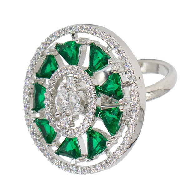 City Girl Brass Green Cz stone Studded Rhodium Plated Cocktail Finge Green Ova Ring. (Free Size)