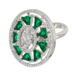 City Girl Brass Green Cz stone Studded Rhodium Plated Cocktail Finge Green Ova Ring. (Free Size)