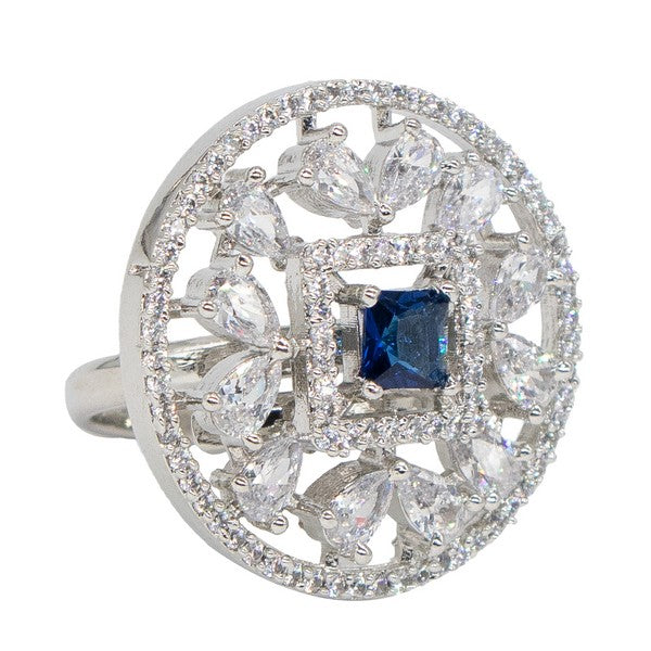 City Girl Brass Rhodium-Plated CZ Sapphire Glow Cocktail Ring
