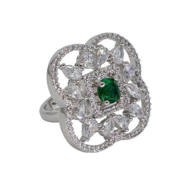 City Girl Brass Green Cz stone Studded Rhodium Plated Cocktail Finge Ring. (Free Size)