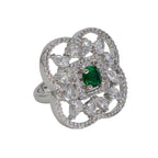 City Girl Brass Green Cz stone Studded Rhodium Plated Cocktail Finge Ring. (Free Size)