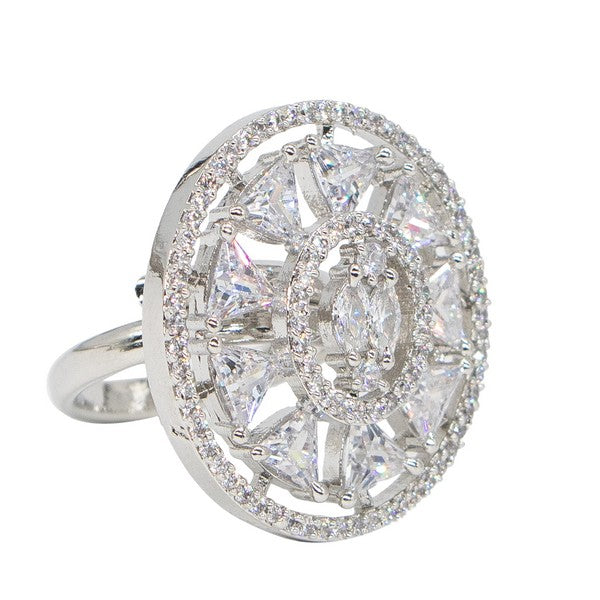 City Girl Brass Cz stone Studded Rhodium Plated Cocktail Silver Square Finge Ring. (Free Size)