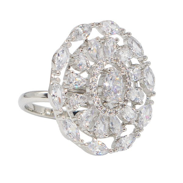 City Girl Brass Cz stone Studded Rhodium Plated Cocktail Silver Oval Finge Ring. (Free Size)