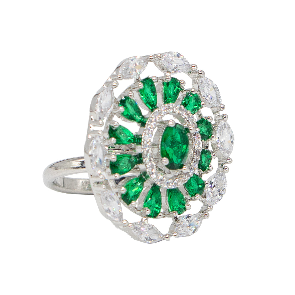 City Girl Brass Green Cz stone Studded Rhodium Plated Cocktail Finge Green Round Ring. (Free Size)
