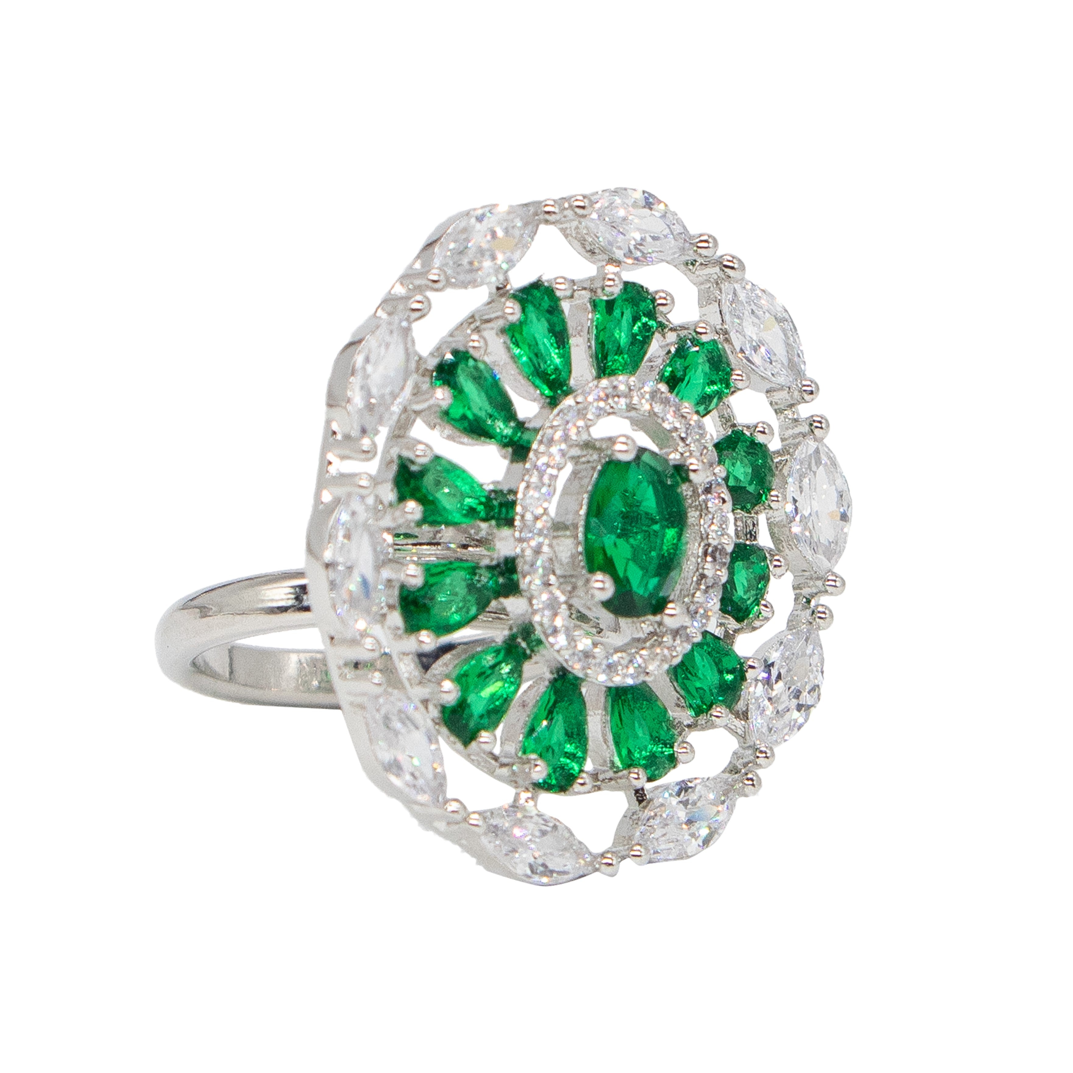 City Girl Brass Green Cz stone Studded Rhodium Plated Cocktail Finge Green Round Ring. (Free Size)
