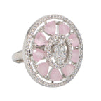 City Girl Brass Pink Cz stone Studded Rhodium Plated Cocktail Pink Floral Finge Ring. (Free Size)