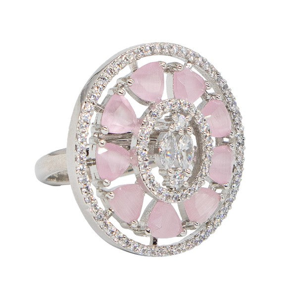 City Girl Brass Pink Cz stone Studded Rhodium Plated Cocktail Pink Floral Finge Ring. (Free Size)