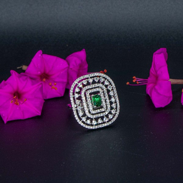 City Girl Brass Green Cz stone Studded Rhodium Plated Cocktail Finge Ring. (Free Size)