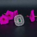 City Girl Brass Green Cz stone Studded Rhodium Plated Cocktail Finge Ring. (Free Size)