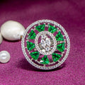 City Girl Brass Green Cz stone Studded Rhodium Plated Cocktail Finge Green Ova Ring. (Free Size)