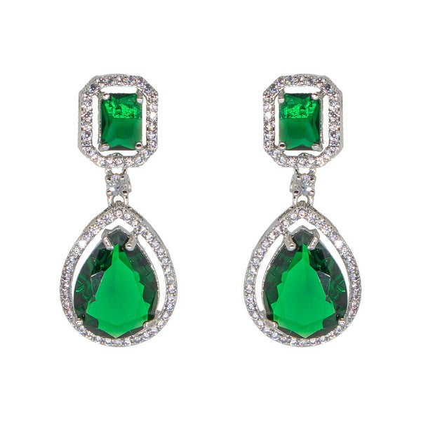 Manikya Brass American Diamond Rhodium Plated  Earings Tops With Green Hydro Coloured CZ Stones