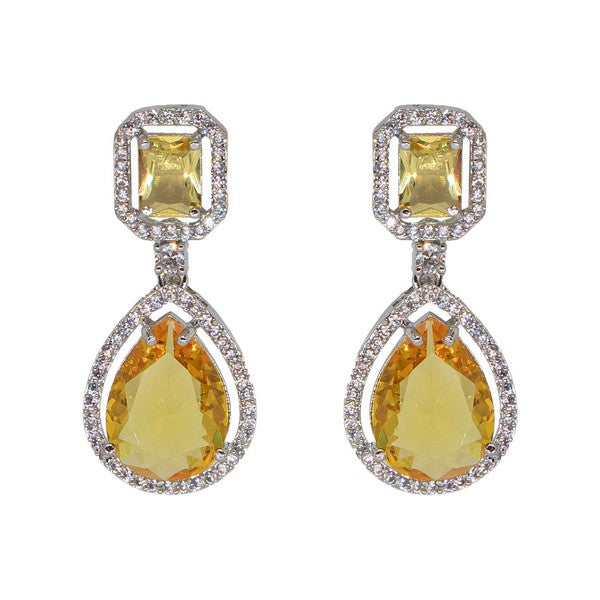 Manikya Brass American Diamond Rhodium Plated  Earings Tops With Yellow Hydro Coloured CZ Stones