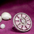 City Girl Brass Pink Cz stone Studded Rhodium Plated Cocktail Pink Floral Finge Ring. (Free Size)