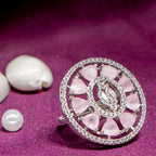 City Girl Brass Pink Cz stone Studded Rhodium Plated Cocktail Pink Floral Finge Ring. (Free Size)