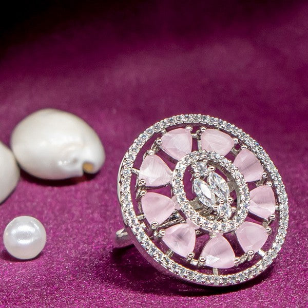 City Girl Brass Pink Cz stone Studded Rhodium Plated Cocktail Pink Floral Finge Ring. (Free Size)