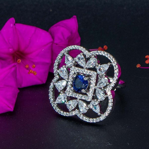City Girl Brass Green Cz stone Studded Rhodium Plated Cocktail Finge Ring. (Free Size)