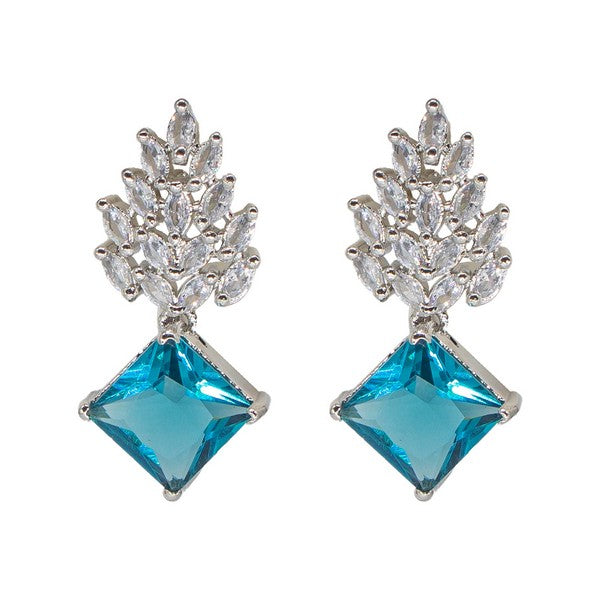 Manikya Brass American Diamond Rhodium Plated  Earings Tops With Aqua Blue Hydro Coloured CZ Stones