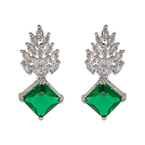 Manikya Brass American Diamond Rhodium Plated  Earings Tops With Green Hydro Coloured CZ Stones